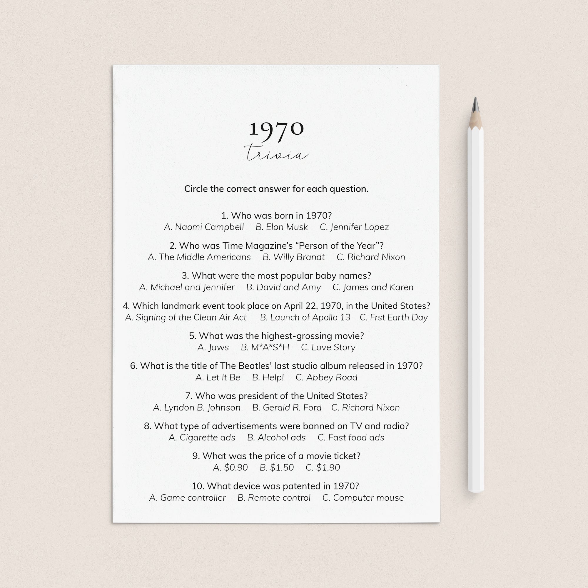 1970 Quiz and Answers Printable by LittleSizzle