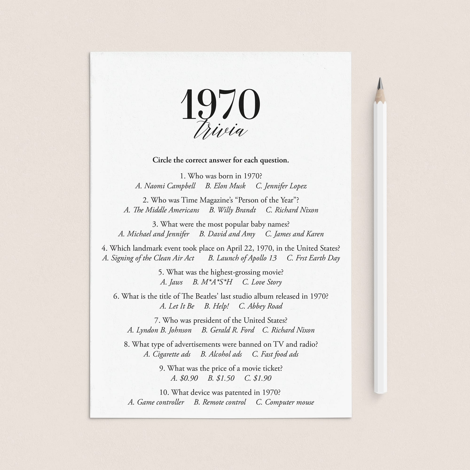 1970 Fun Facts Quiz with Answers Printable | 1970 Pop Culture Trivia by LittleSizzle