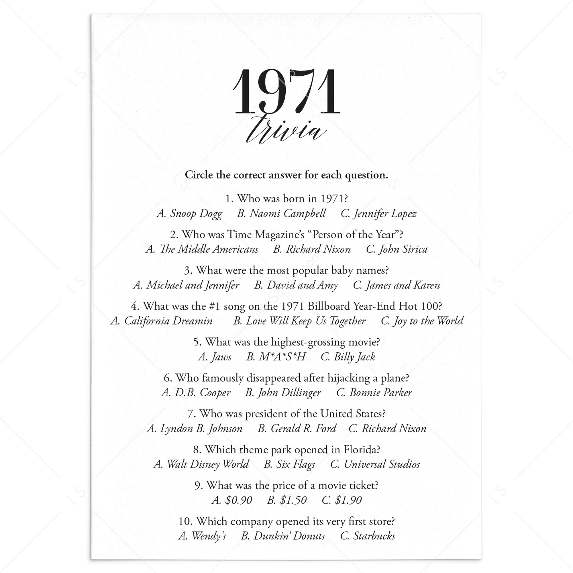 1971 Trivia Quiz with Answer Key Instant Download by LittleSizzle