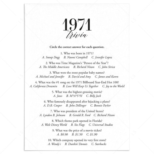 1971 Trivia Quiz with Answer Key Instant Download by LittleSizzle