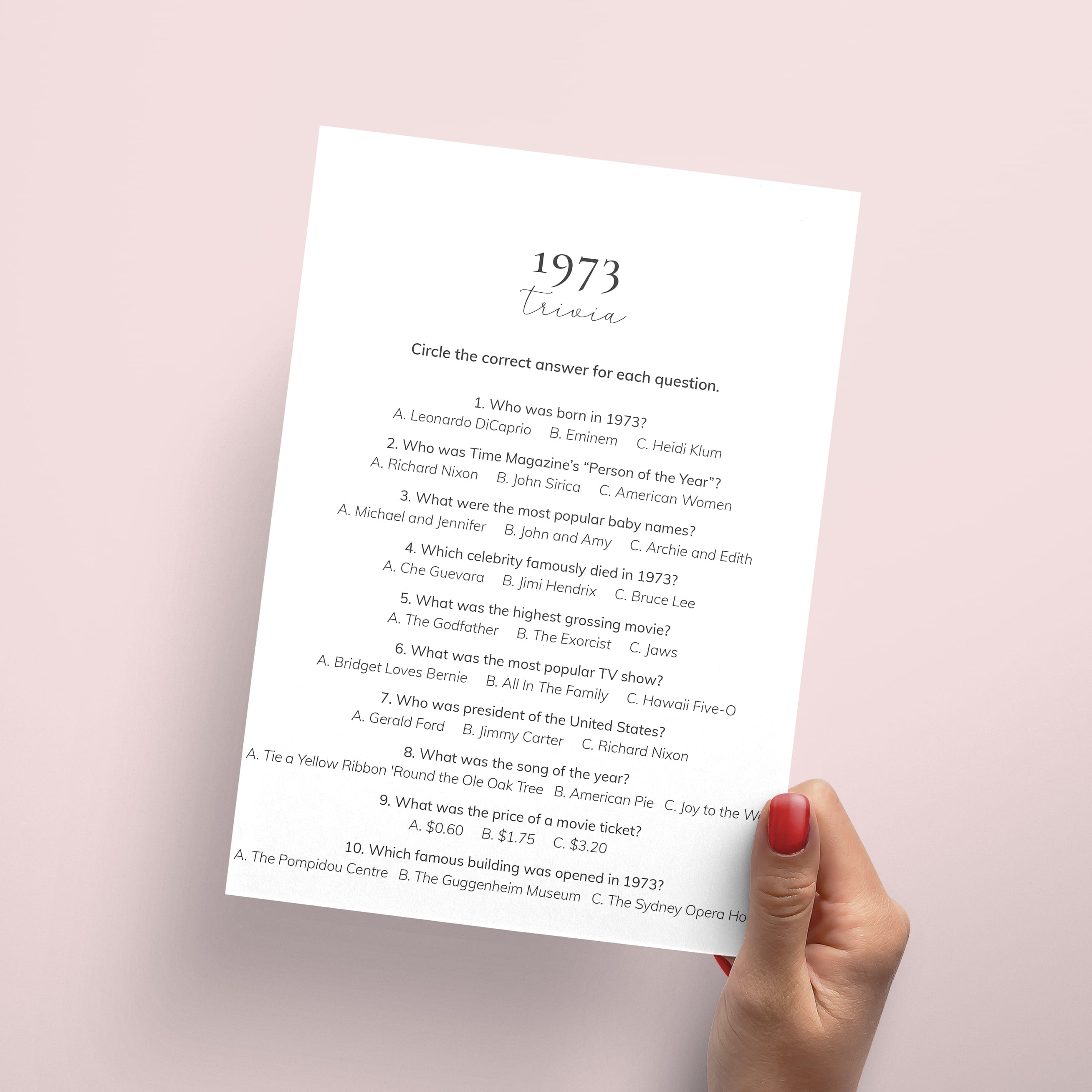 Gold 1973 Trivia Questions with Answers Printable | Instant Download