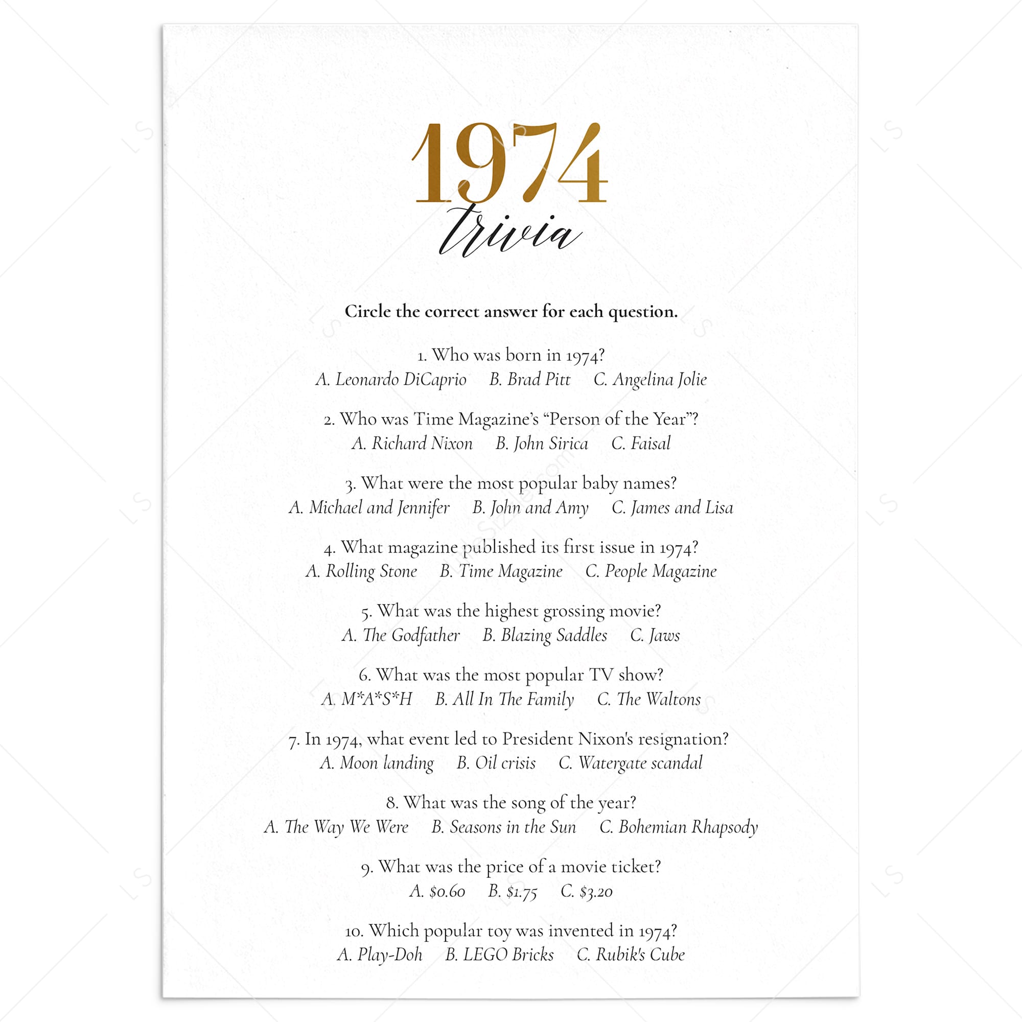 Gold 1974 Trivia Questions with Answers Printable | Instant Download ...