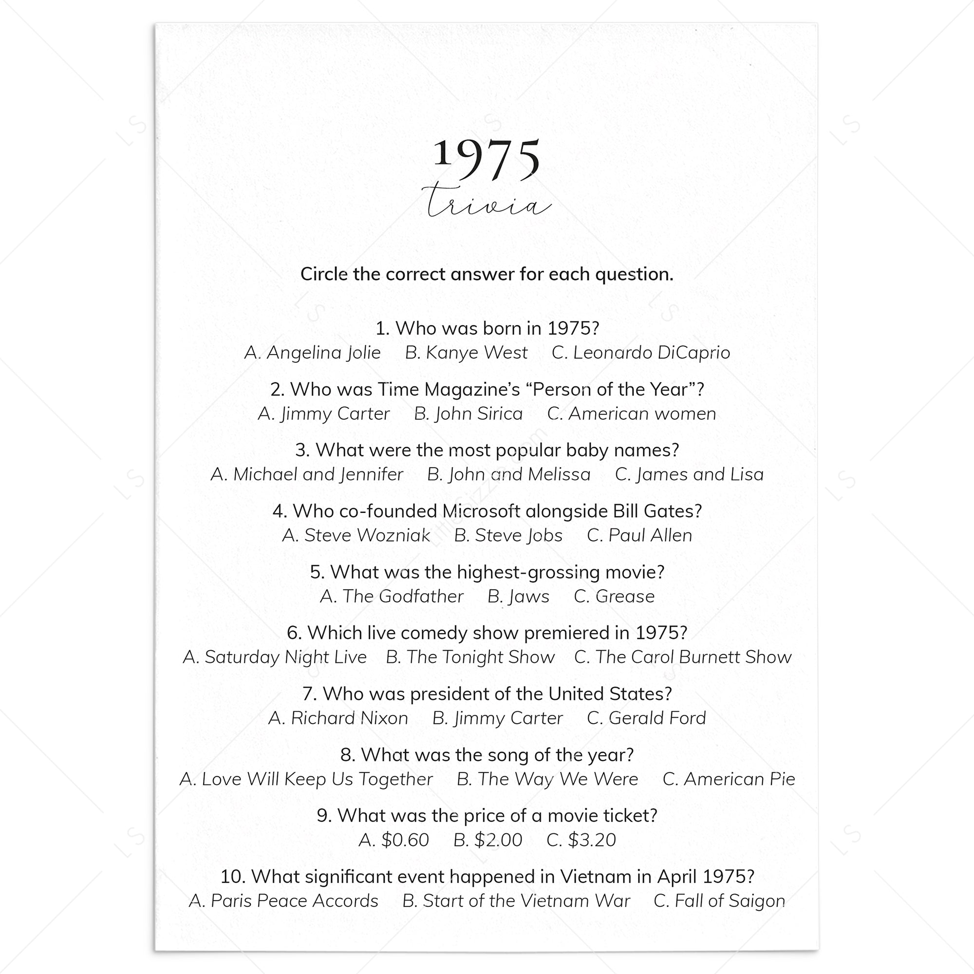 1975 Quiz and Answers Printable by LittleSizzle