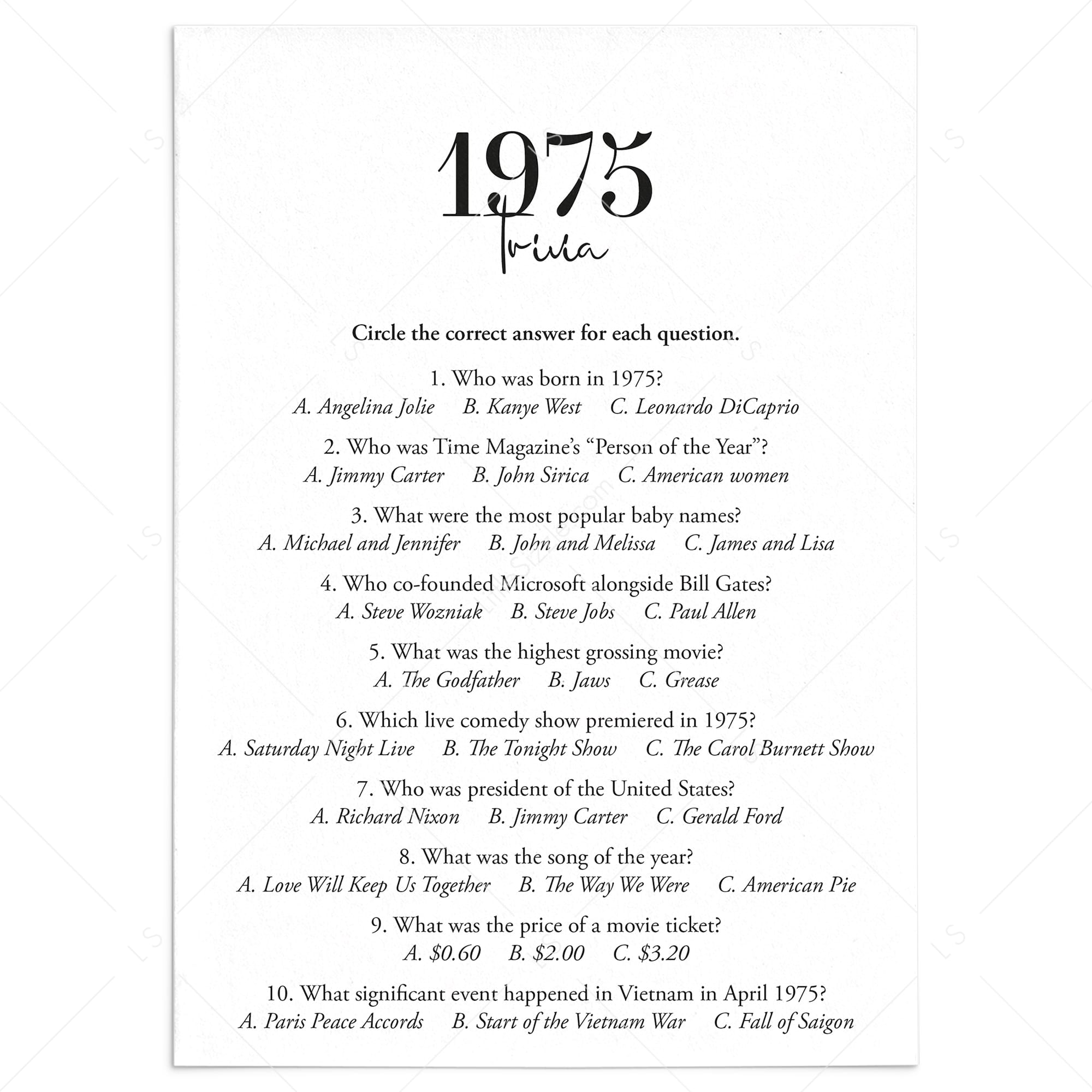 1975 Trivia Quiz with Answer Key Instant Download by LittleSizzle