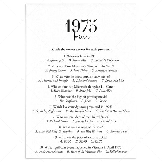 1975 Trivia Quiz with Answer Key Instant Download by LittleSizzle