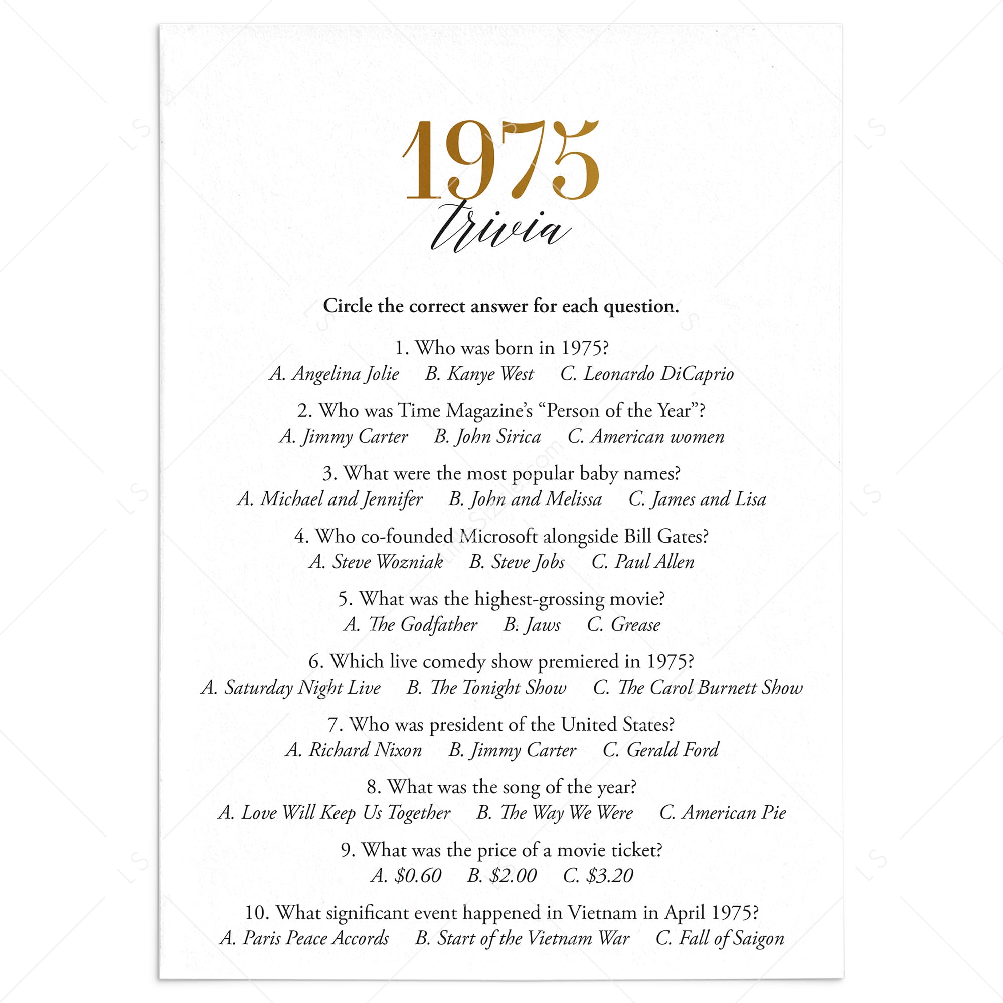 Gold 1975 Trivia Questions with Answers Printable by LittleSizzle