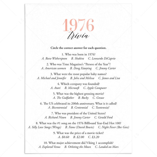 1976 Trivia Questions and Answers Printable by LittleSizzle