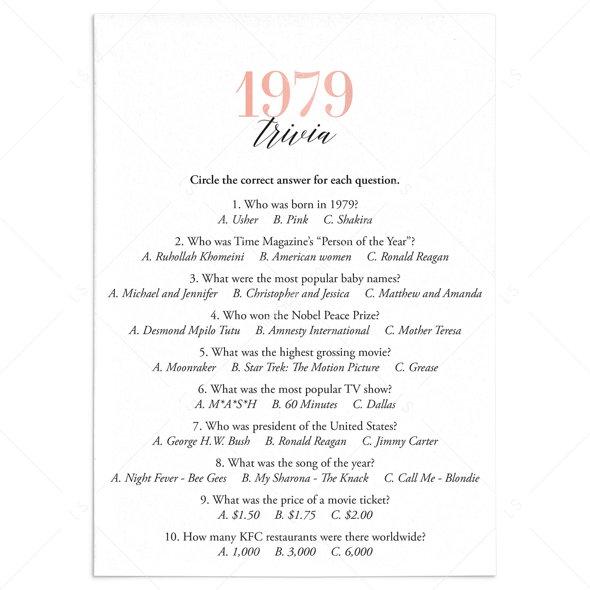 1979 Trivia Questions and Answers Printable by LittleSizzle