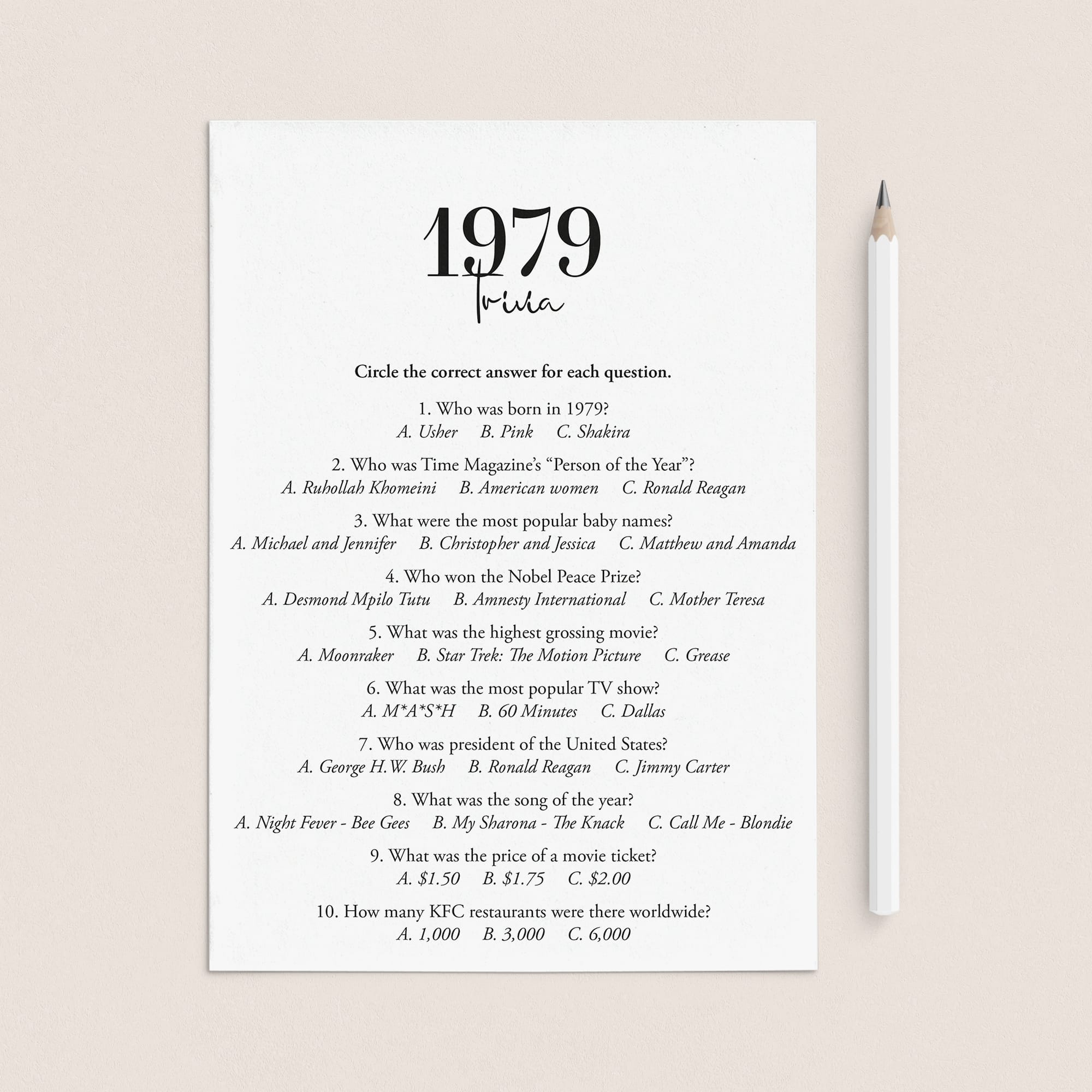 1979 Trivia Quiz with Answer Key Instant Download by LittleSizzle