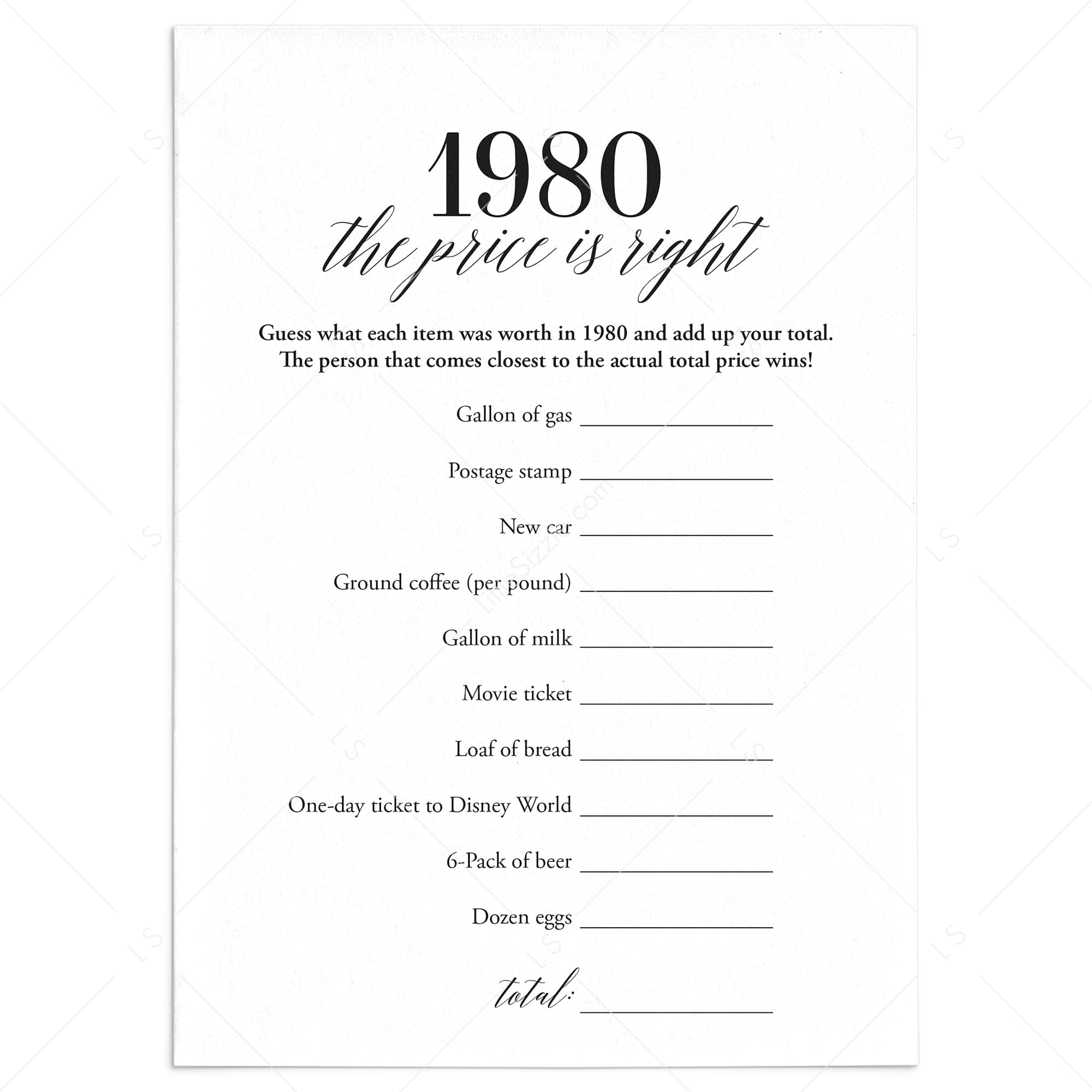 1980 The Price Is Right Game with Answers Printable by LittleSizzle