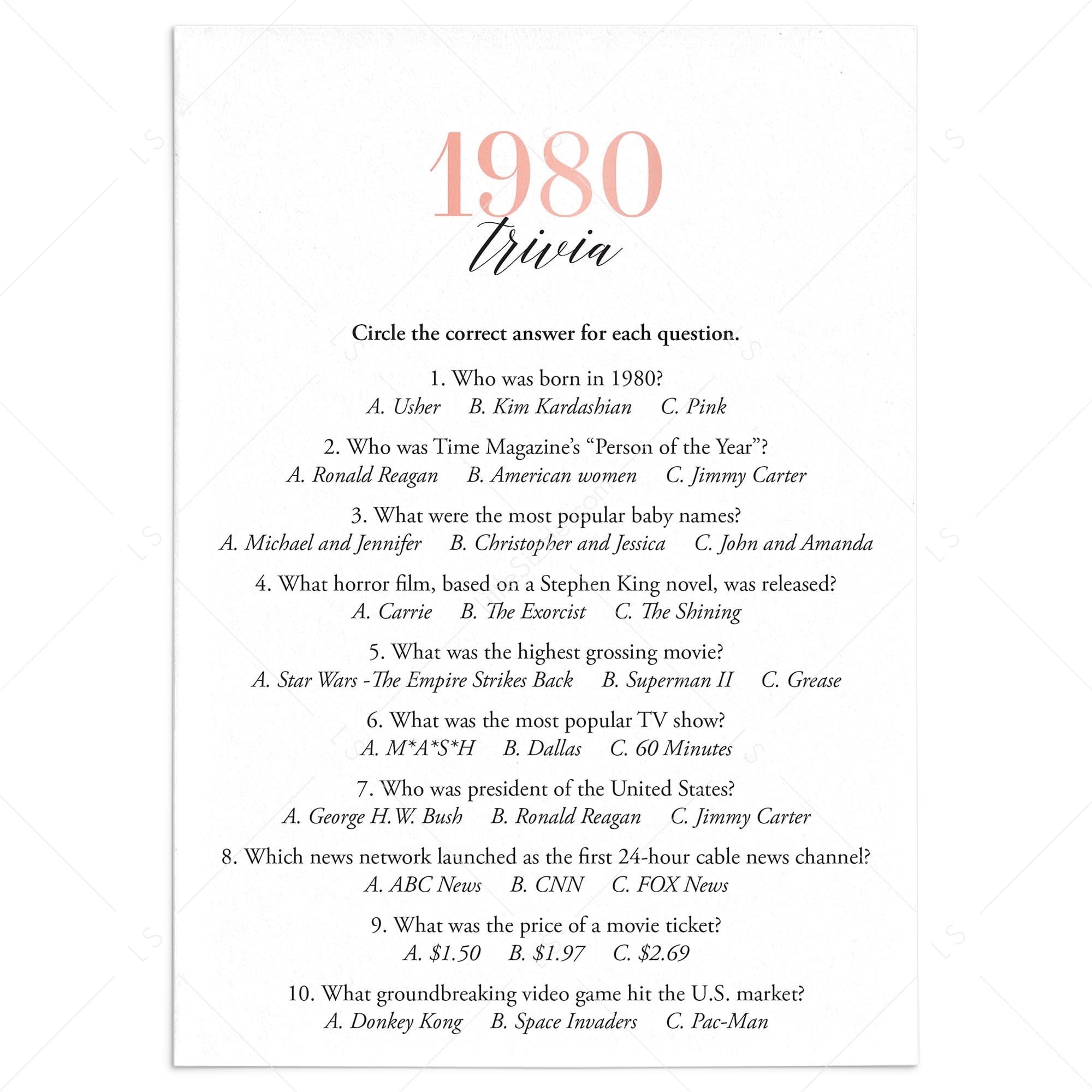 1980 Trivia Questions and Answers Printable by LittleSizzle