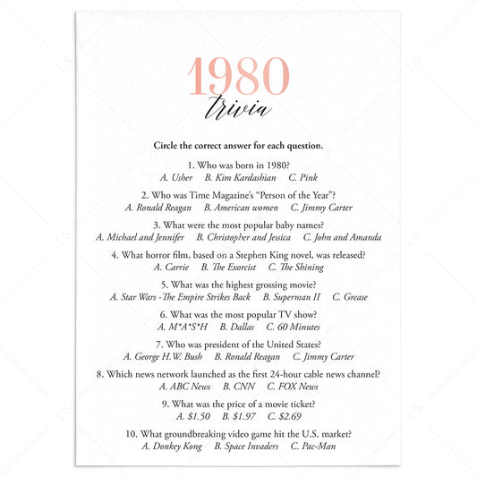 1980 Trivia Questions and Answers Printable by LittleSizzle