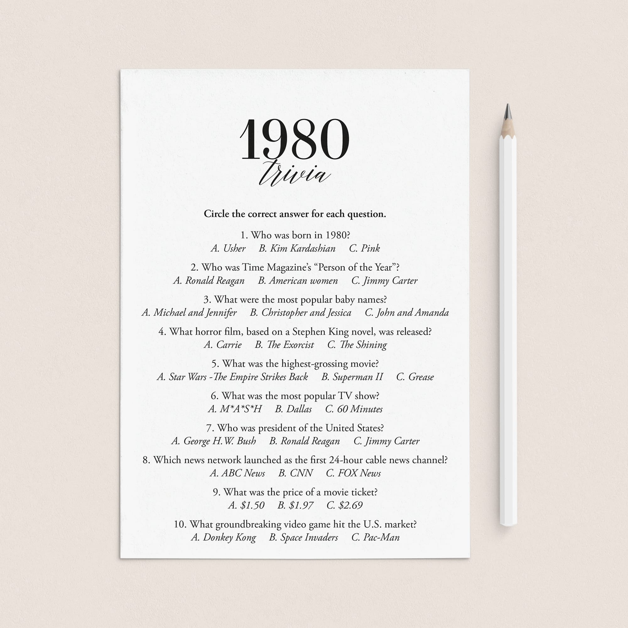 1980 Fun Facts Quiz with Answers Printable | 1980 Pop Culture Trivia by LittleSizzle