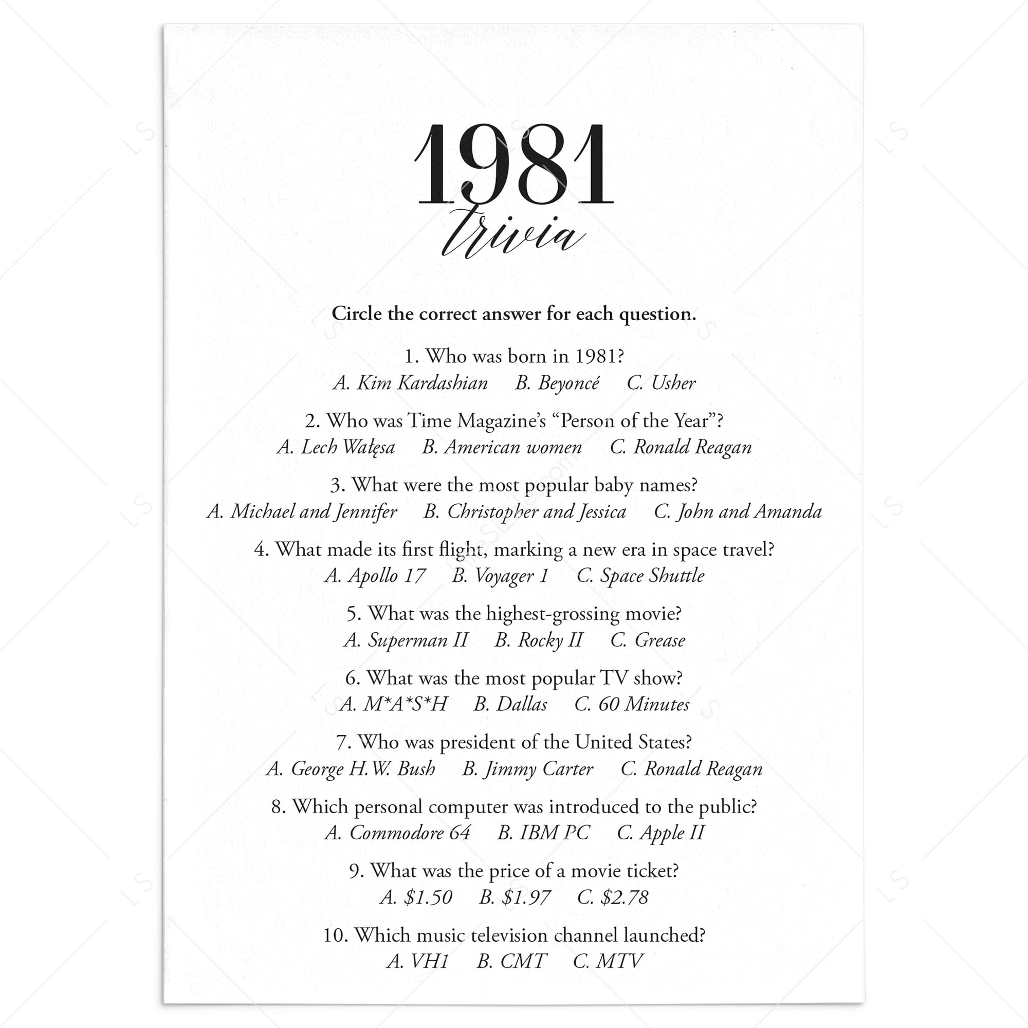 1981 Trivia Quiz with Answer Key Instant Download by LittleSizzle