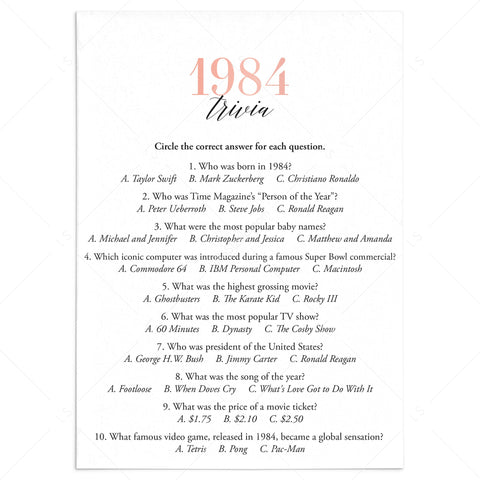 1984 Trivia Questions and Answers Printable Instant Download 1984 Trivia Questions and Answers Printable Instant Download