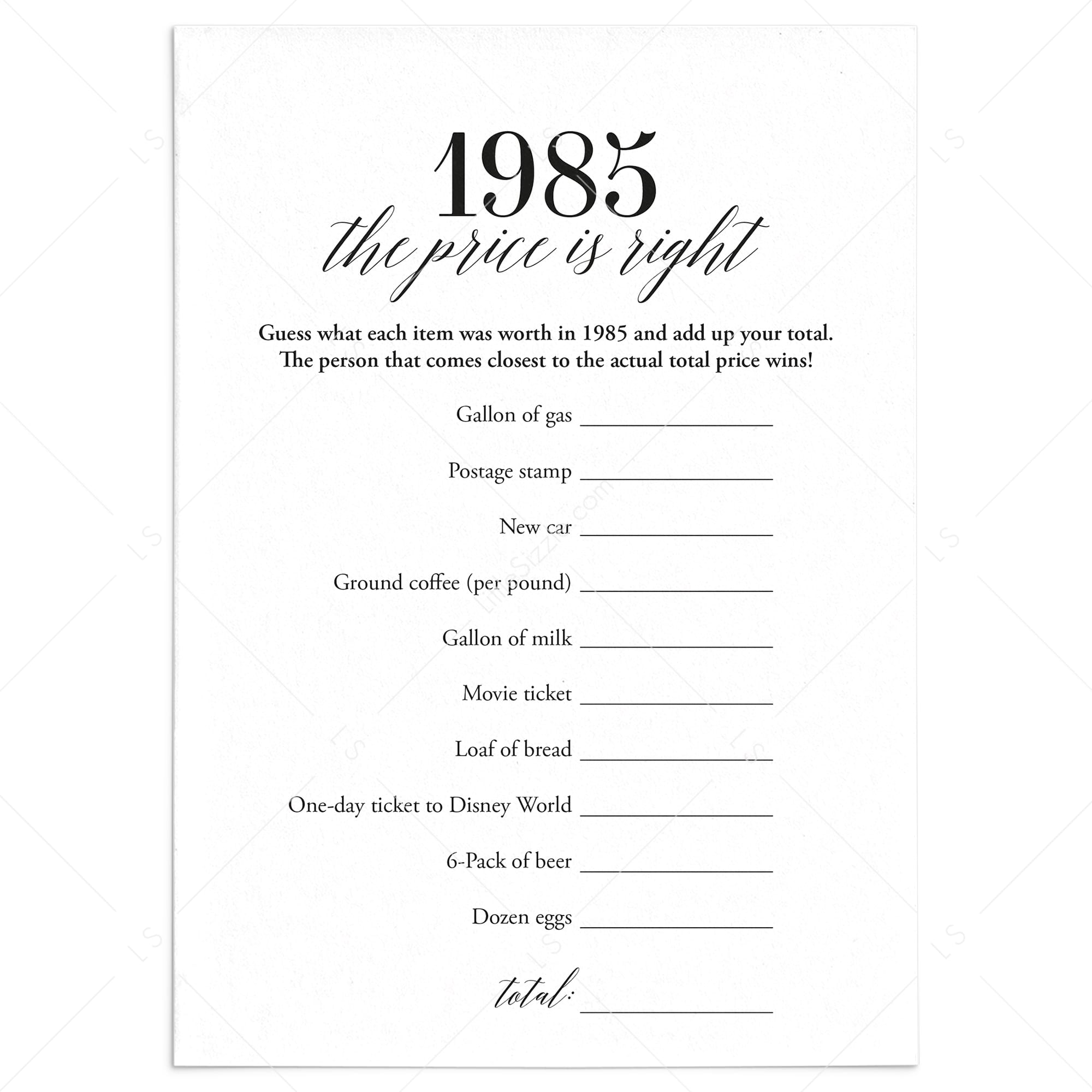 1985 The Price Is Right Game with Answers Printable by LittleSizzle