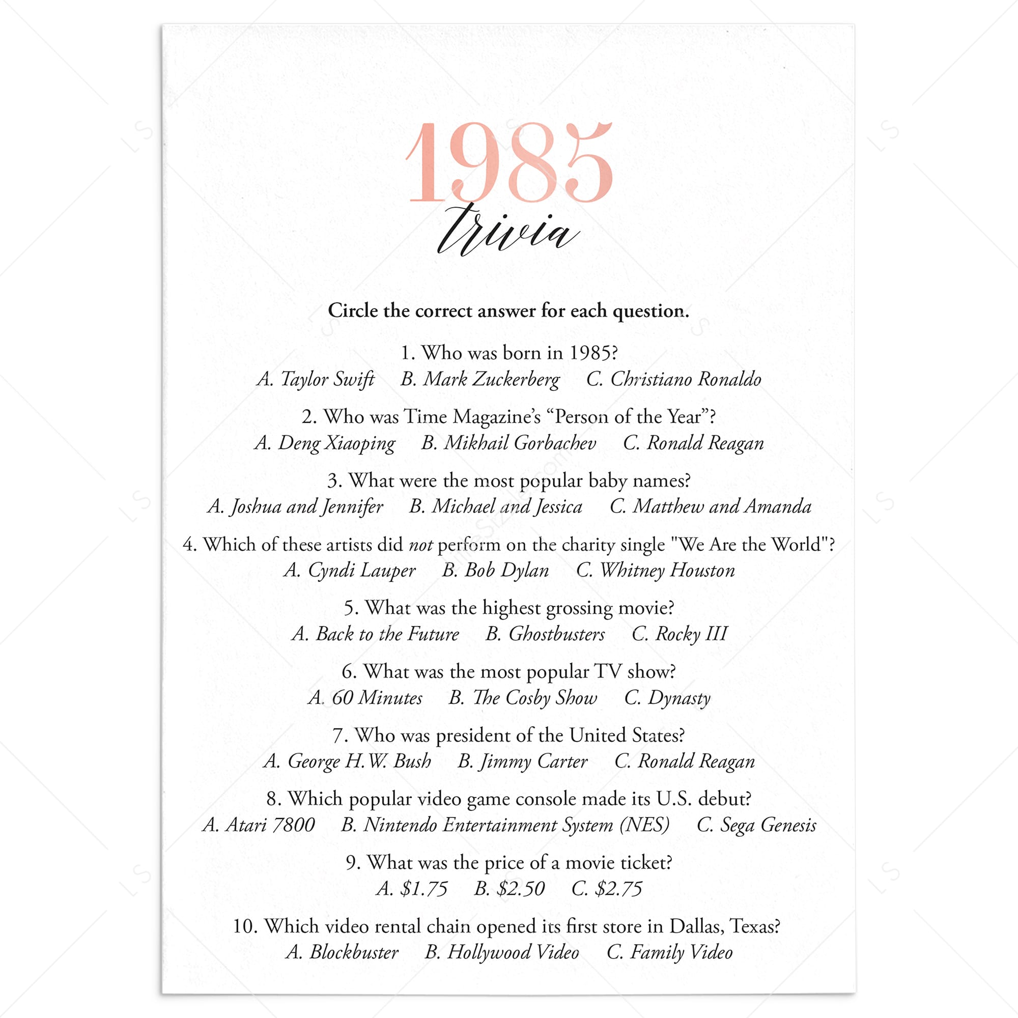 1985 Trivia Questions and Answers Printable by LittleSizzle