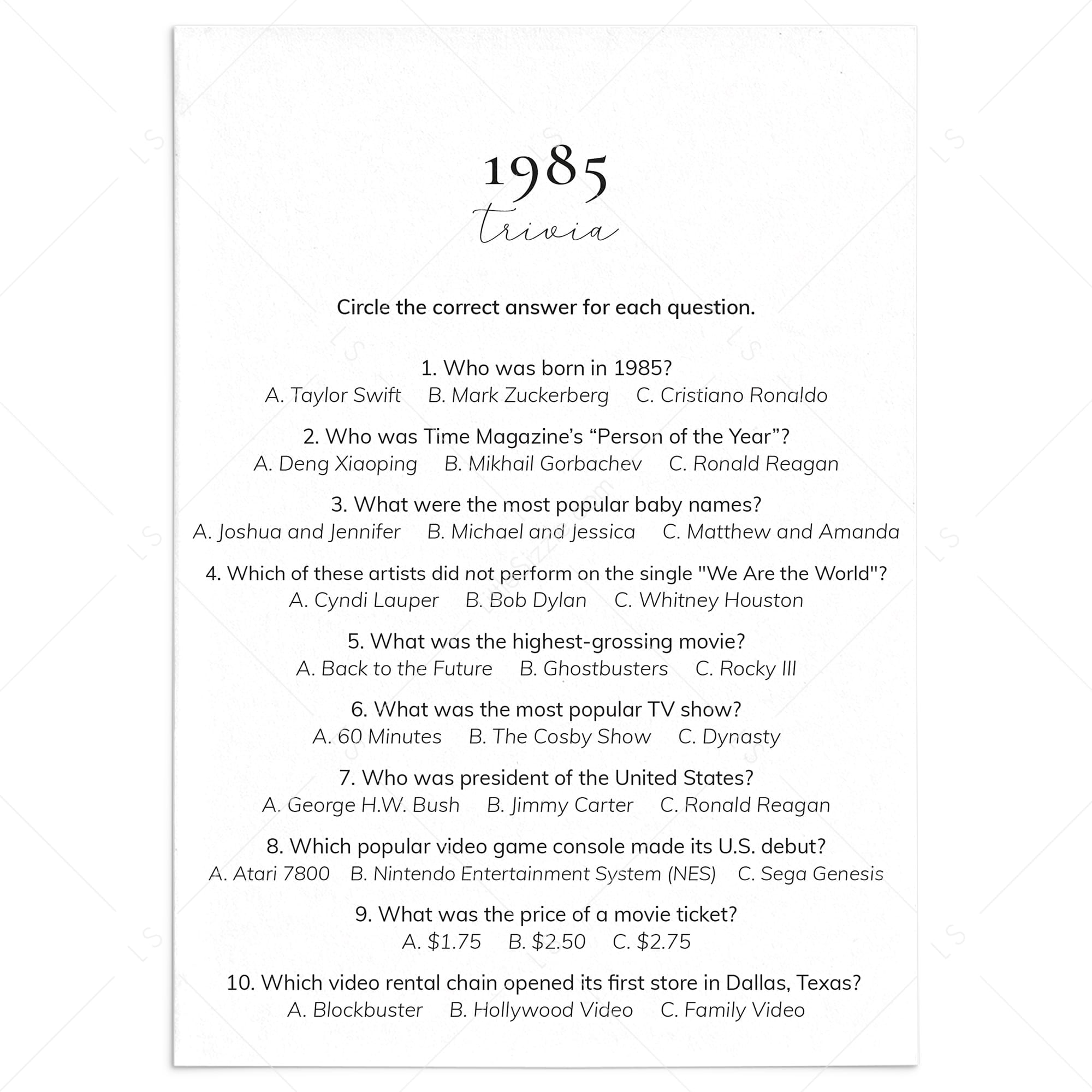 1985 Quiz and Answers Printable by LittleSizzle