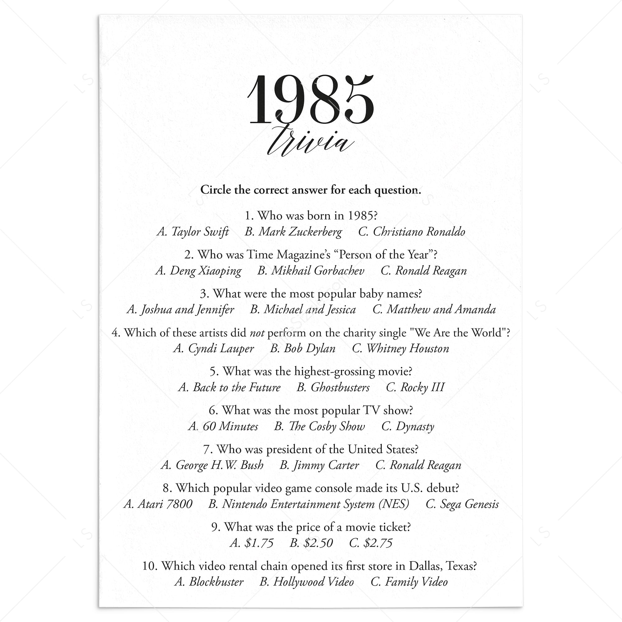 1985 Fun Facts Quiz with Answers Printable | 1985 Pop Culture Trivia by LittleSizzle