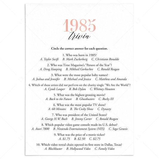 1985 Trivia Questions and Answers Printable by LittleSizzle