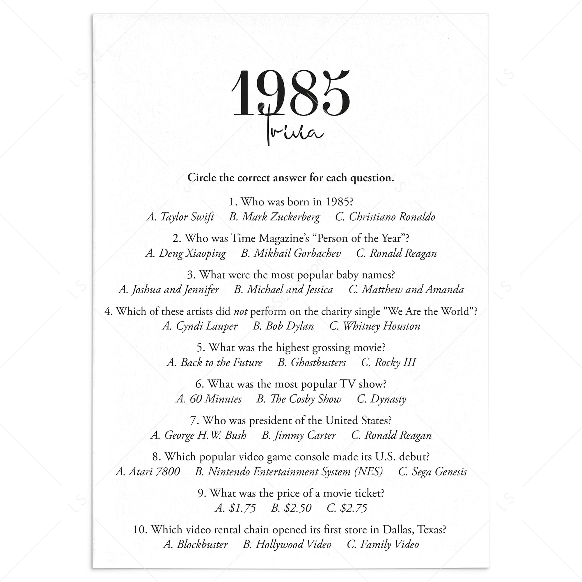 1985 Trivia Quiz with Answer Key Instant Download by LittleSizzle