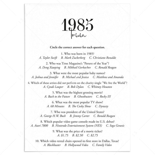 1985 Trivia Quiz with Answer Key Instant Download by LittleSizzle