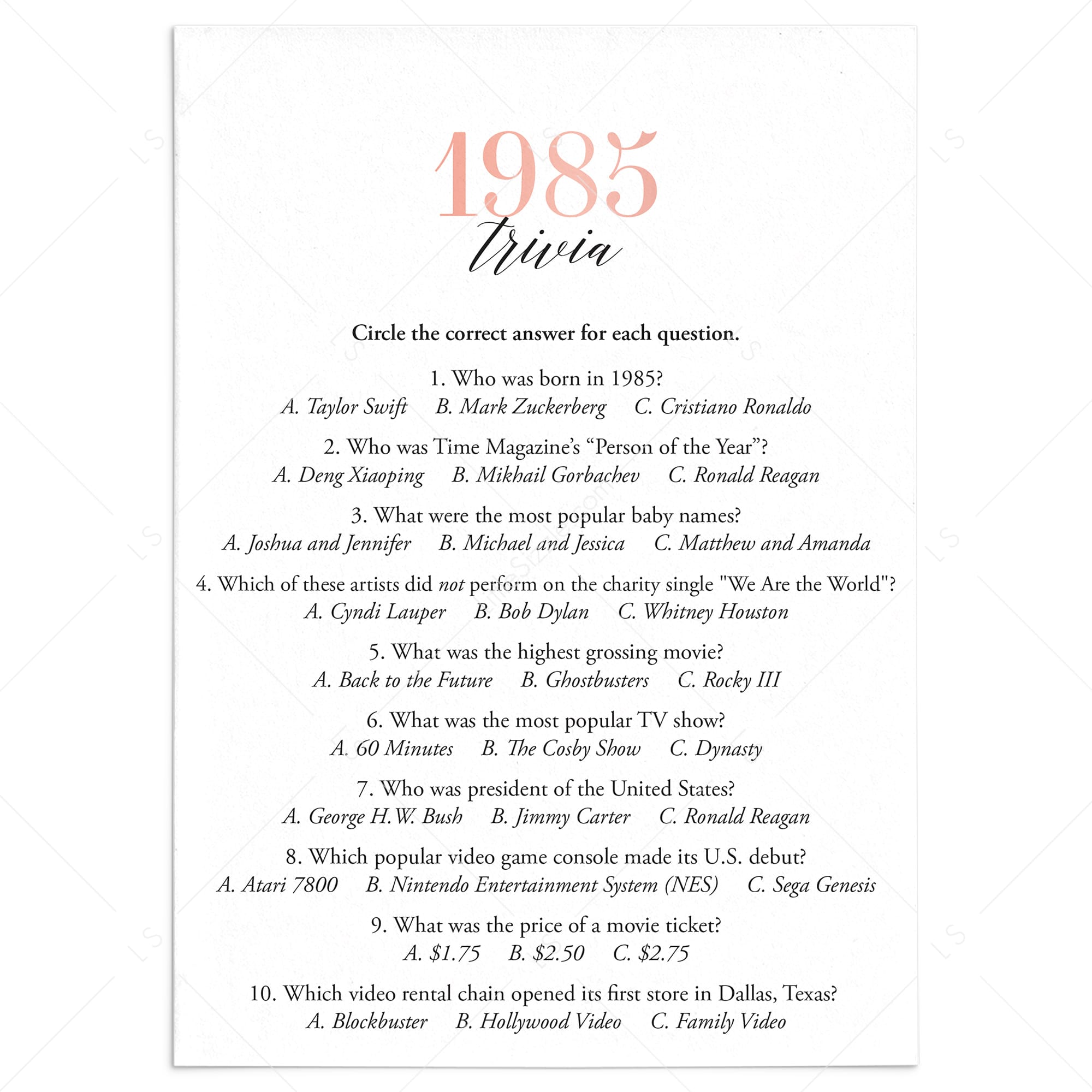 1985 Trivia Questions and Answers Printable by LittleSizzle