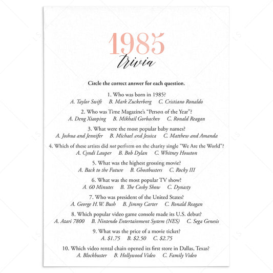 1985 Trivia Questions and Answers Printable by LittleSizzle