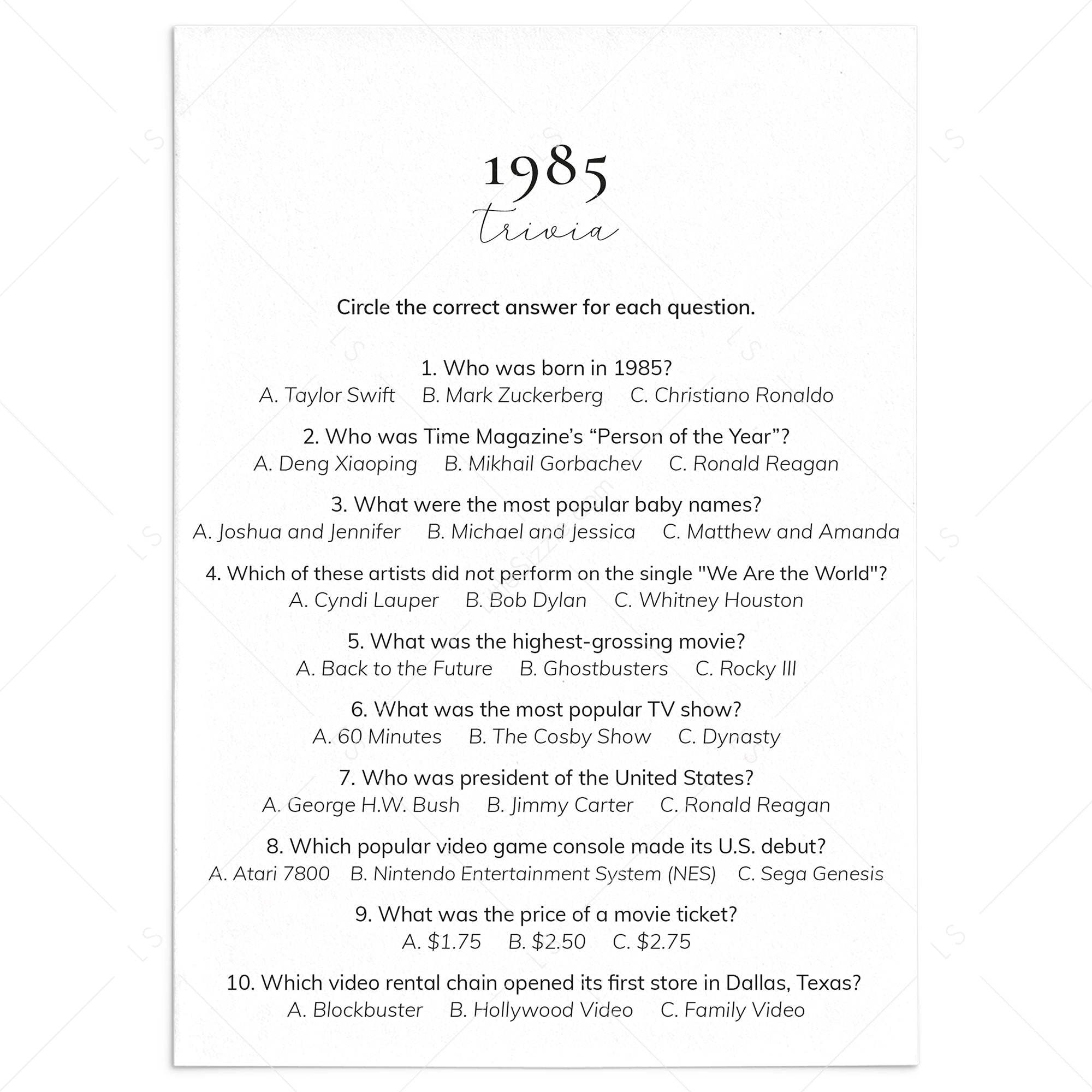 1985 Quiz and Answers Printable by LittleSizzle