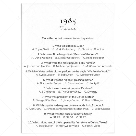 1985 Quiz and Answers Printable by LittleSizzle