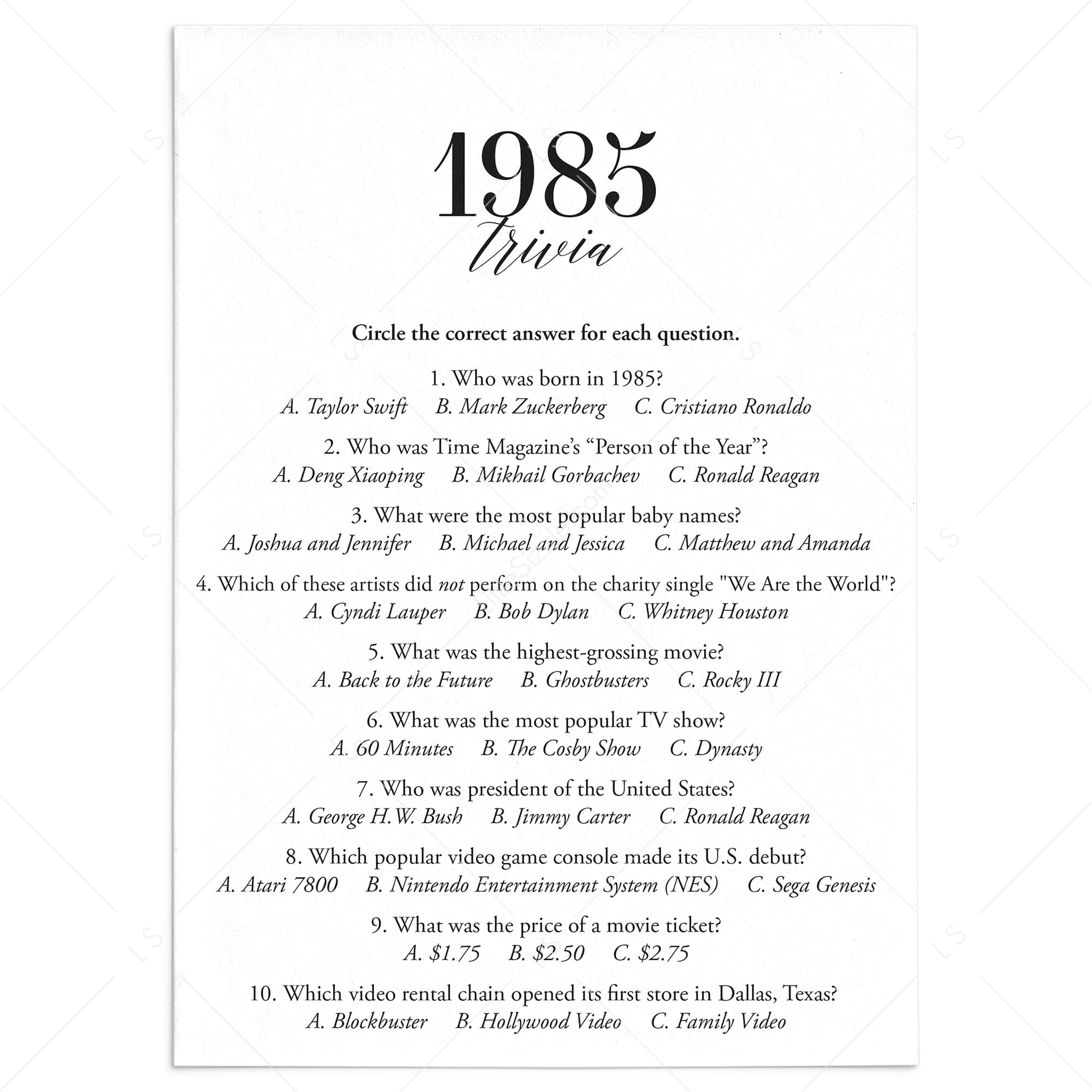 1985 Fun Facts Quiz with Answers Printable by LittleSizzle