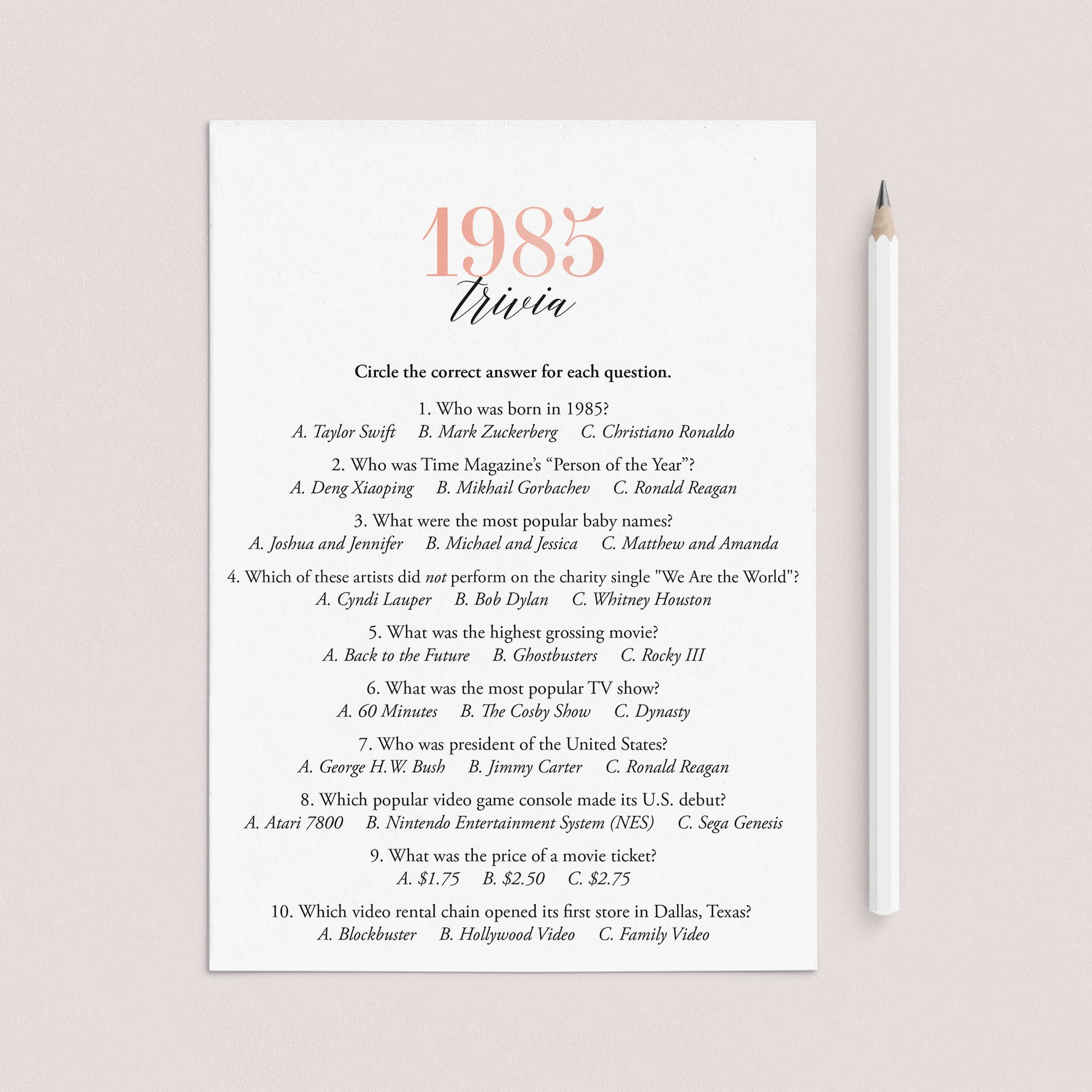 1985 Trivia Questions and Answers Printable by LittleSizzle