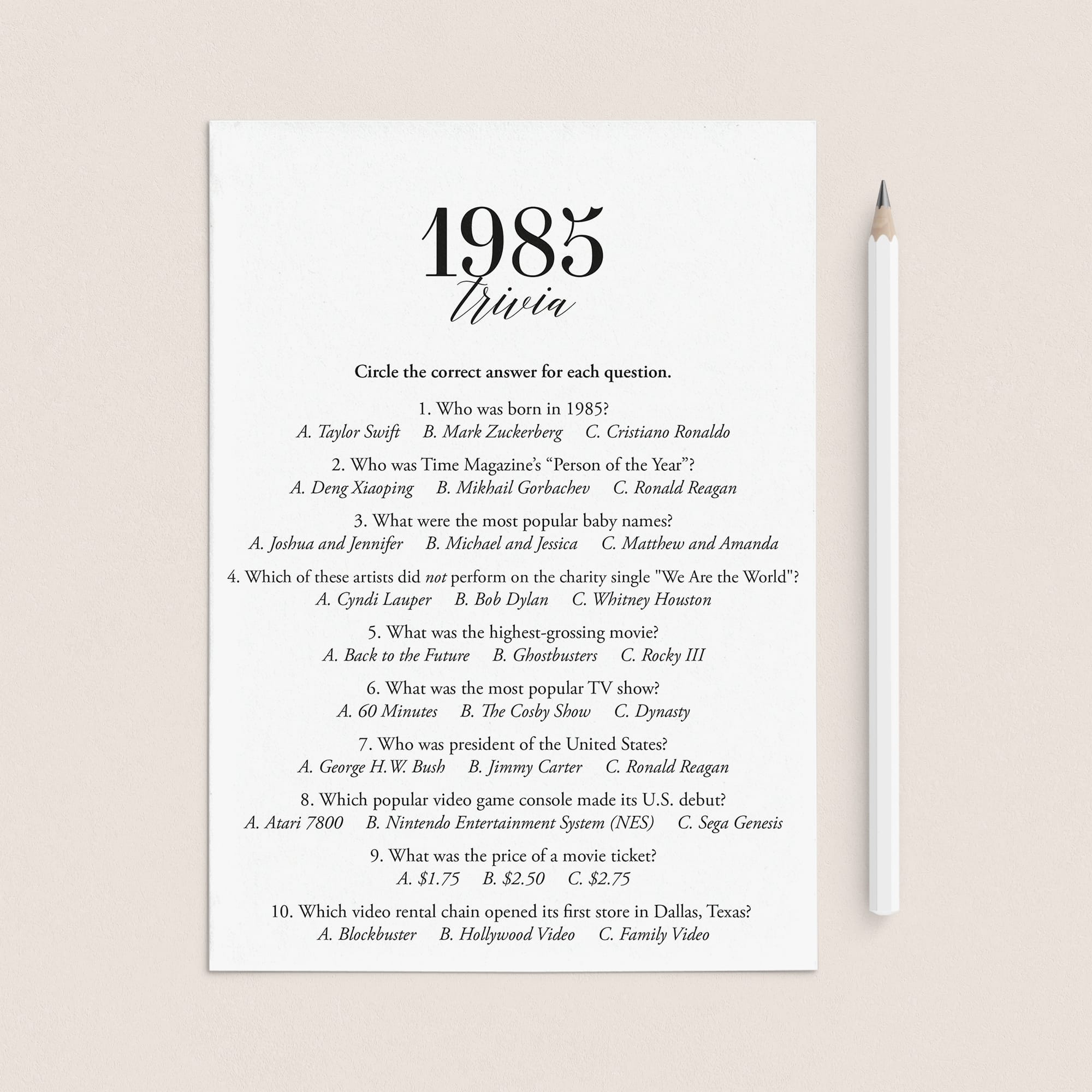 1985 Fun Facts Quiz with Answers Printable by LittleSizzle