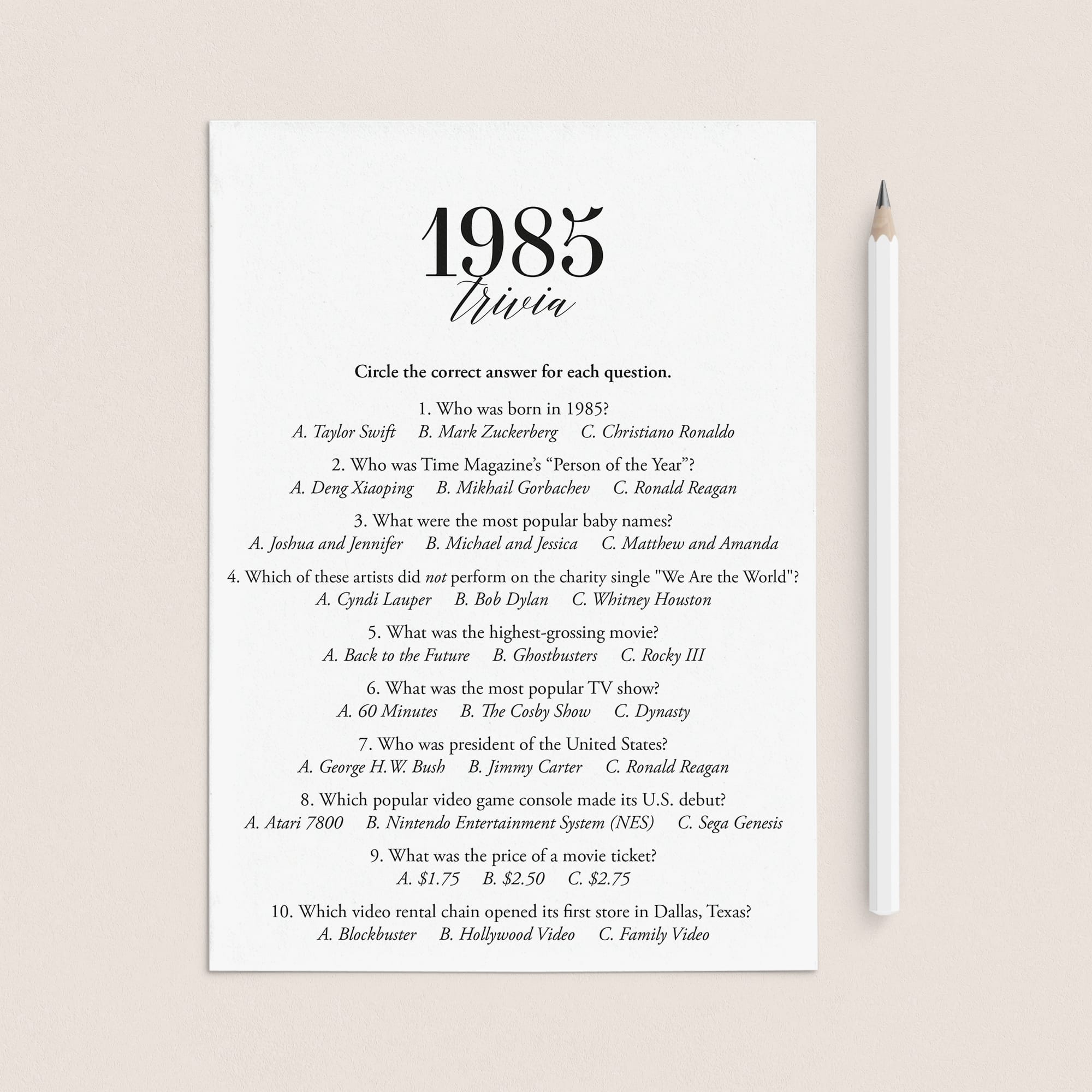 1985 Fun Facts Quiz with Answers Printable | 1985 Pop Culture Trivia by LittleSizzle