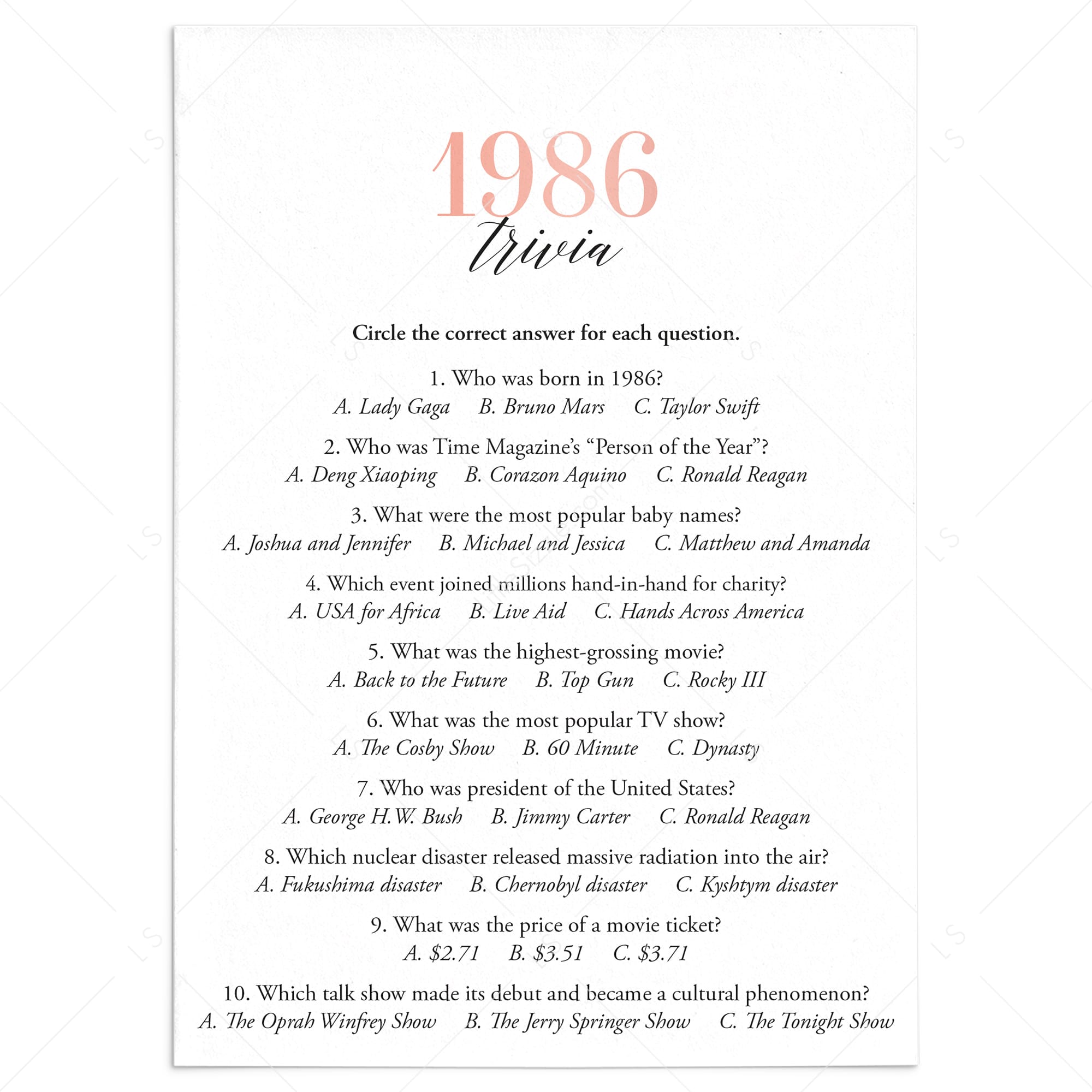 1986 Trivia Questions and Answers Printable by LittleSizzle