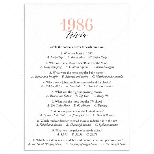 1986 Trivia Questions and Answers Printable by LittleSizzle
