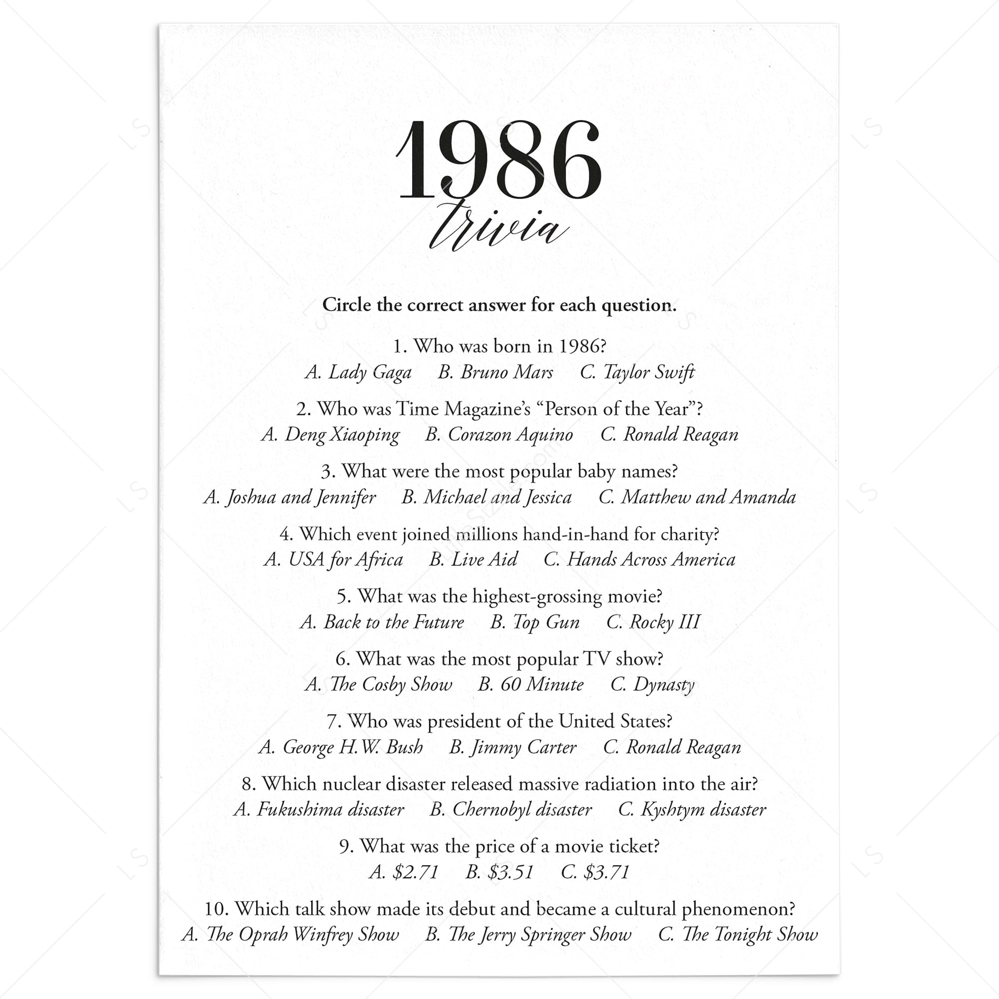 1986 Trivia Quiz with Answer Key Instant Download by LittleSizzle