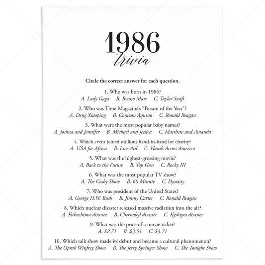 1986 Trivia Quiz with Answer Key Instant Download by LittleSizzle