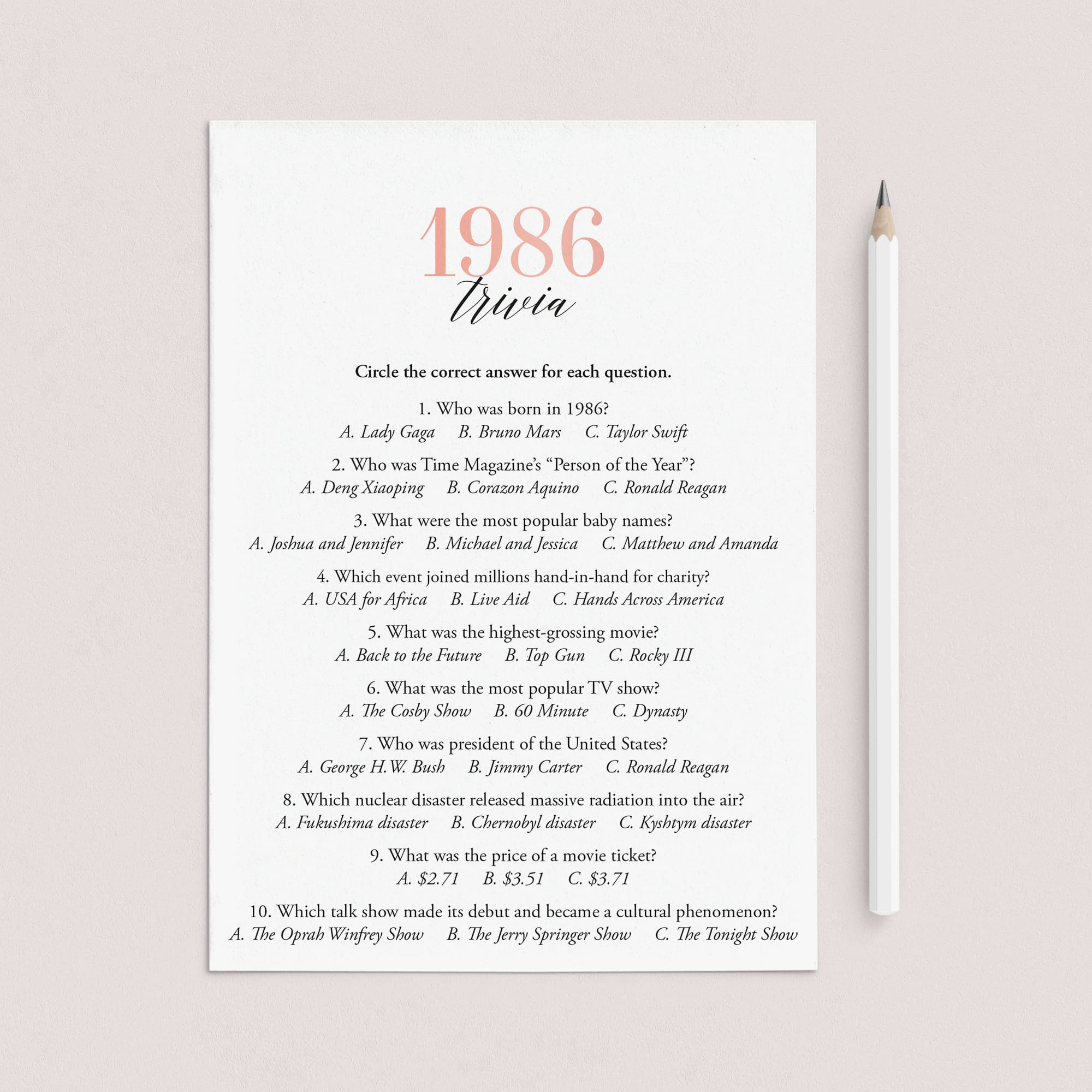 1986 Trivia Questions and Answers Printable by LittleSizzle