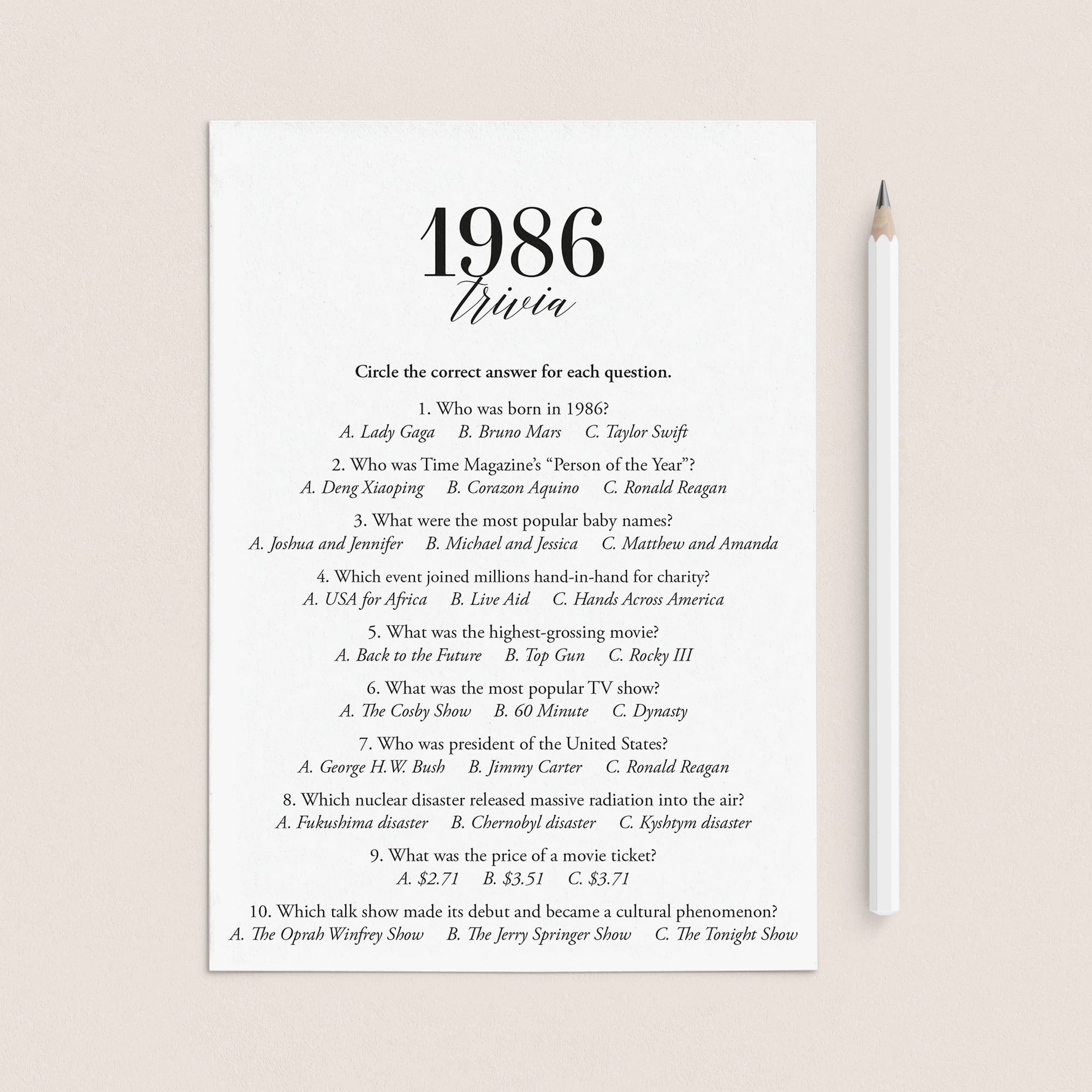 1986 Trivia Quiz with Answer Key Instant Download by LittleSizzle