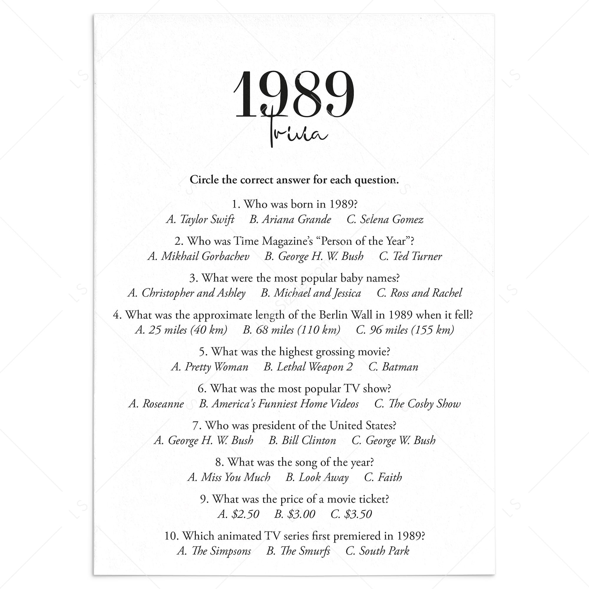 1989 Trivia Quiz with Answer Key Instant Download by LittleSizzle