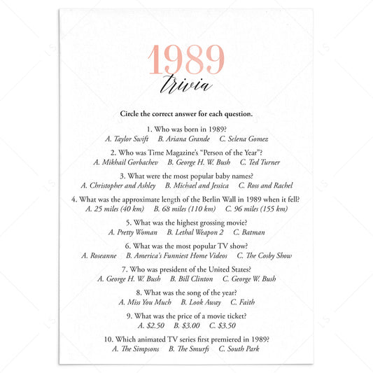 1989 Trivia Questions and Answers Printable by LittleSizzle
