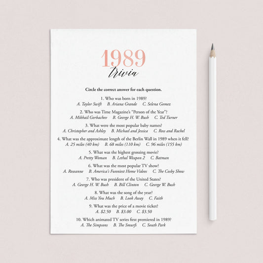 1989 Trivia Questions and Answers Printable by LittleSizzle