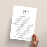 1989 Trivia Quiz with Answer Key Instant Download