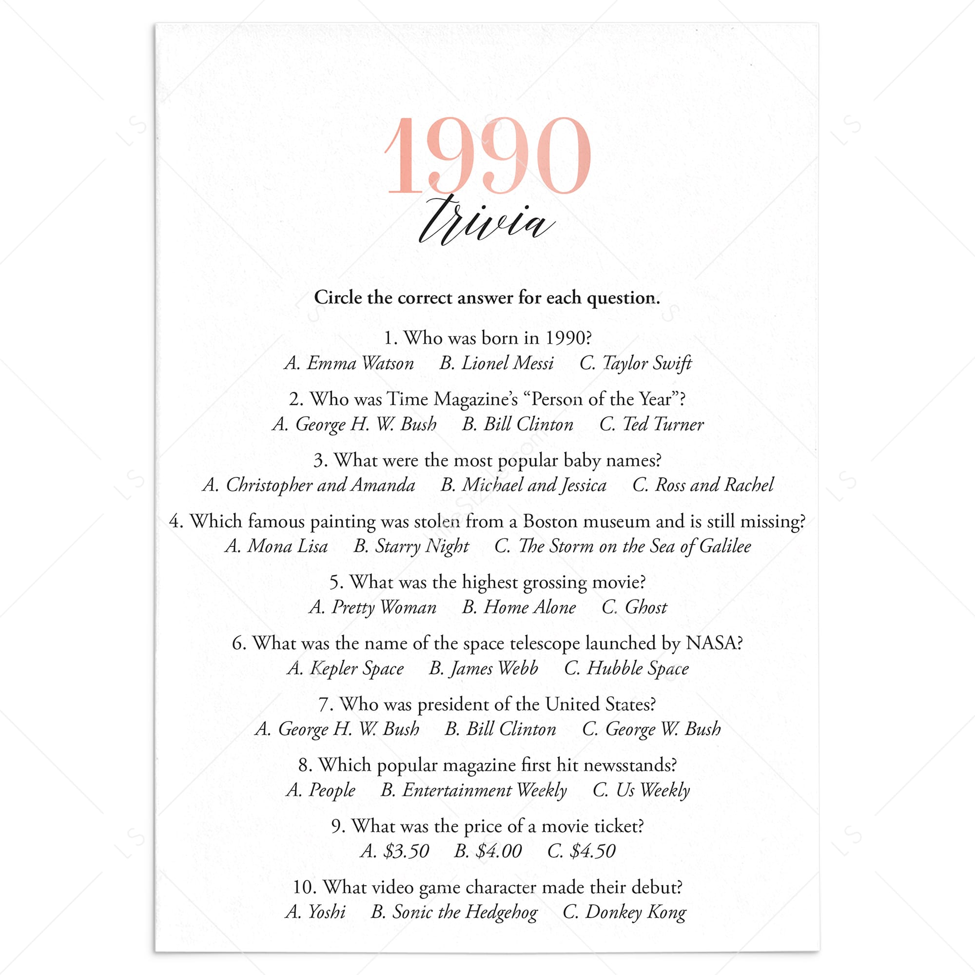 1990 Trivia Questions and Answers Printable by LittleSizzle