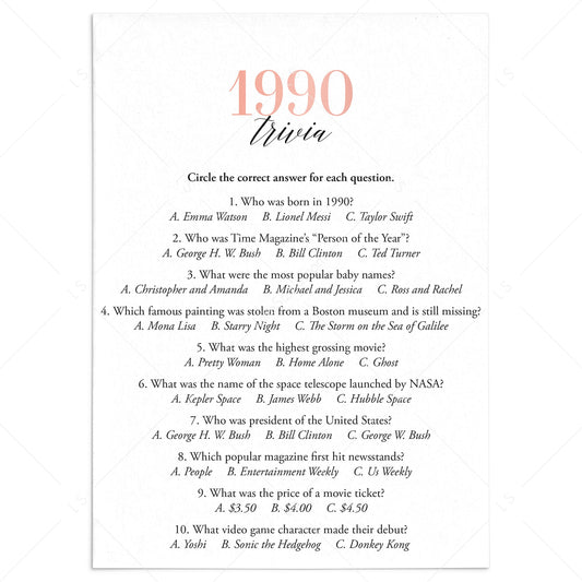 1990 Trivia Questions and Answers Printable by LittleSizzle