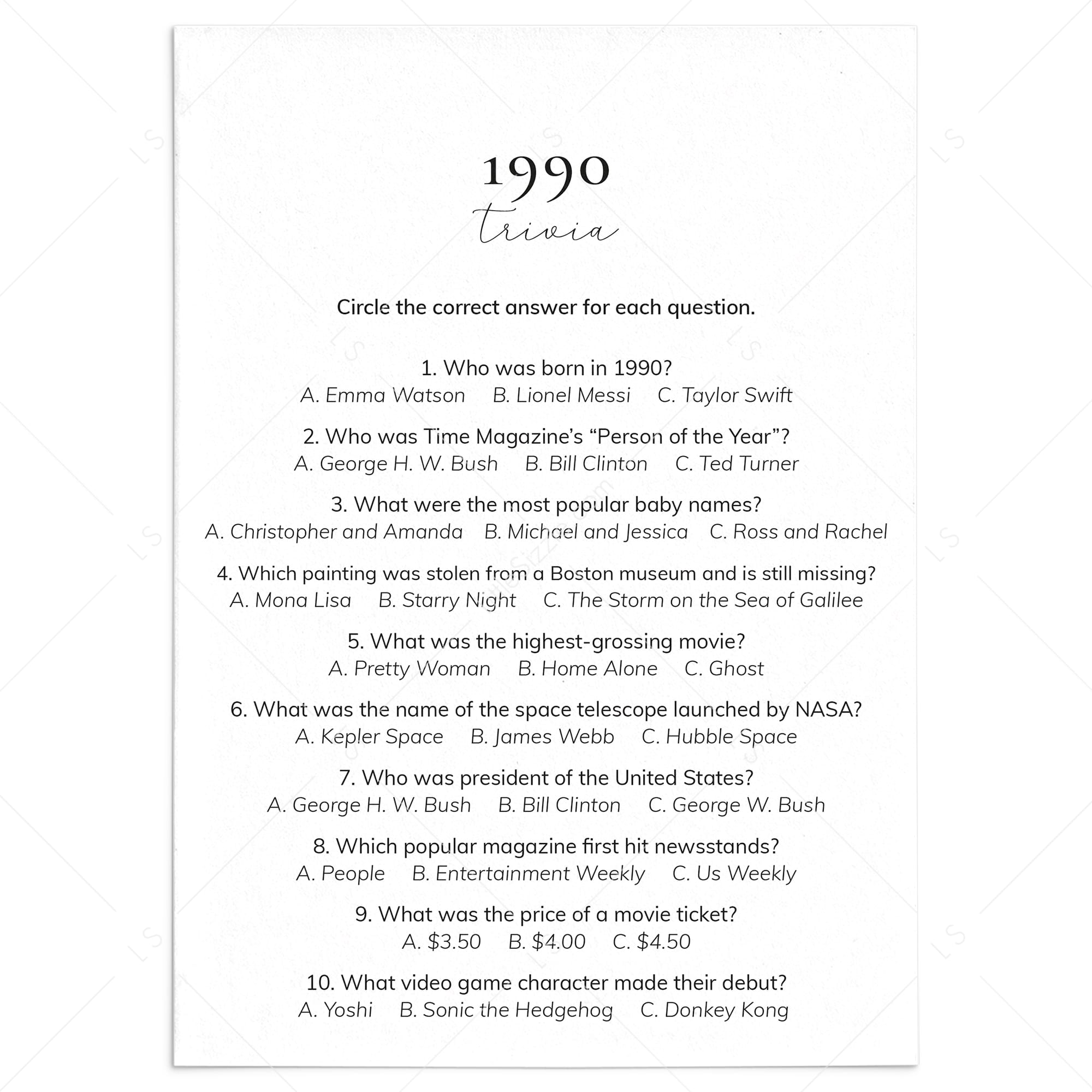 1990 Quiz and Answers Printable by LittleSizzle