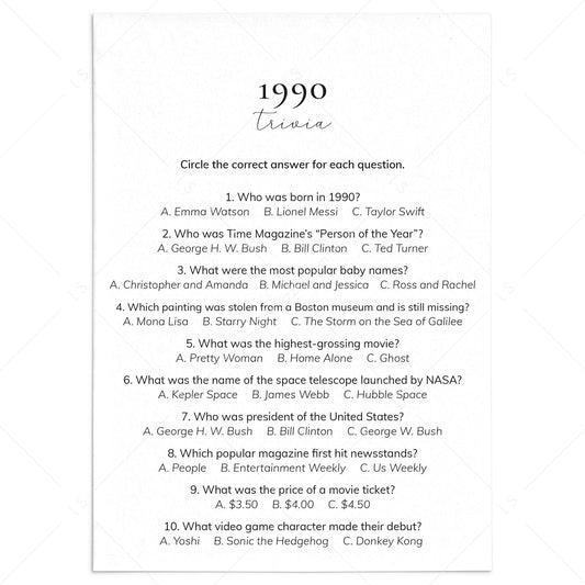 1990 Quiz and Answers Printable by LittleSizzle