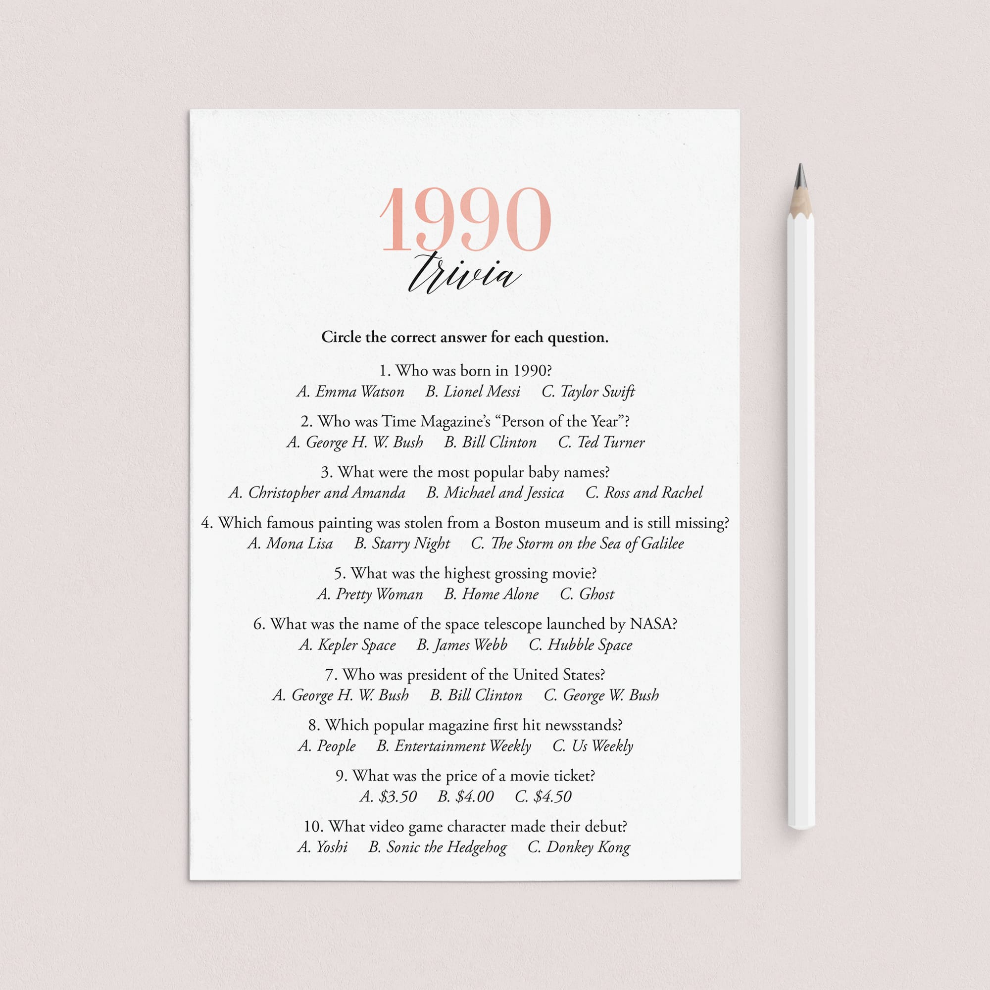 1990 Trivia Questions and Answers Printable by LittleSizzle