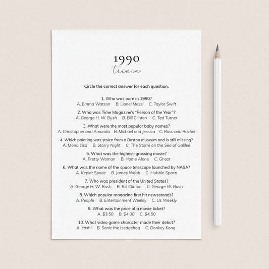 1990 Quiz and Answers Printable by LittleSizzle